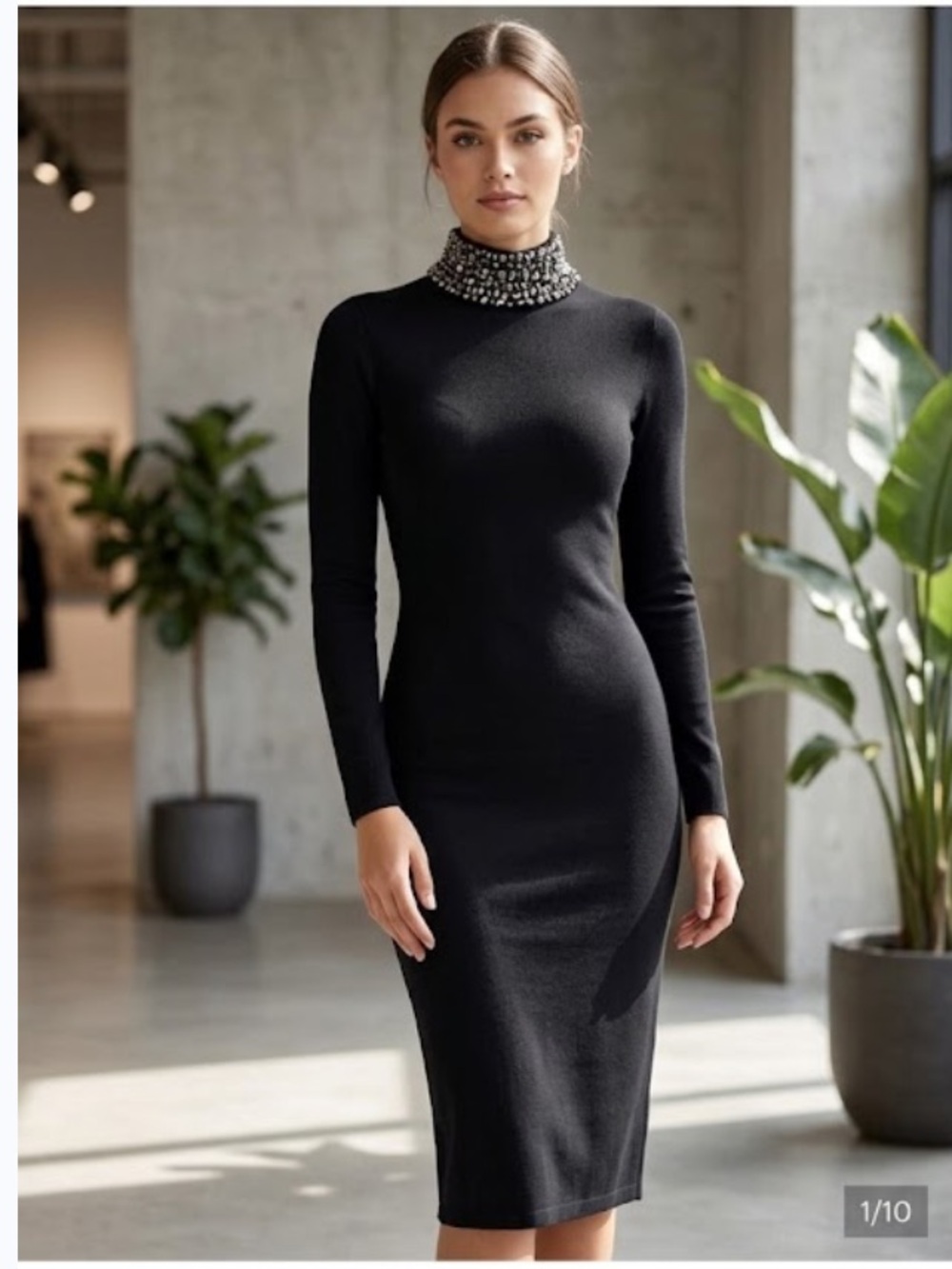 Eliza J Black Long Sleeve Dress with Jeweled Turtleneck